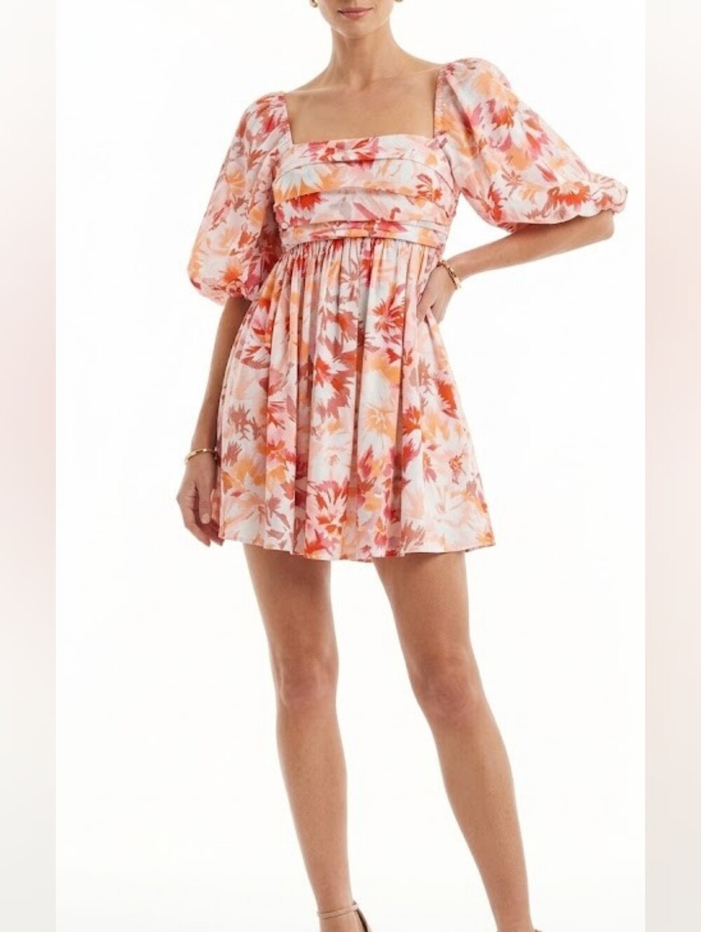 Abercrombie & Fitch Emerson Poplin Puff Sleeve Mini Dress Pink & Orange XS